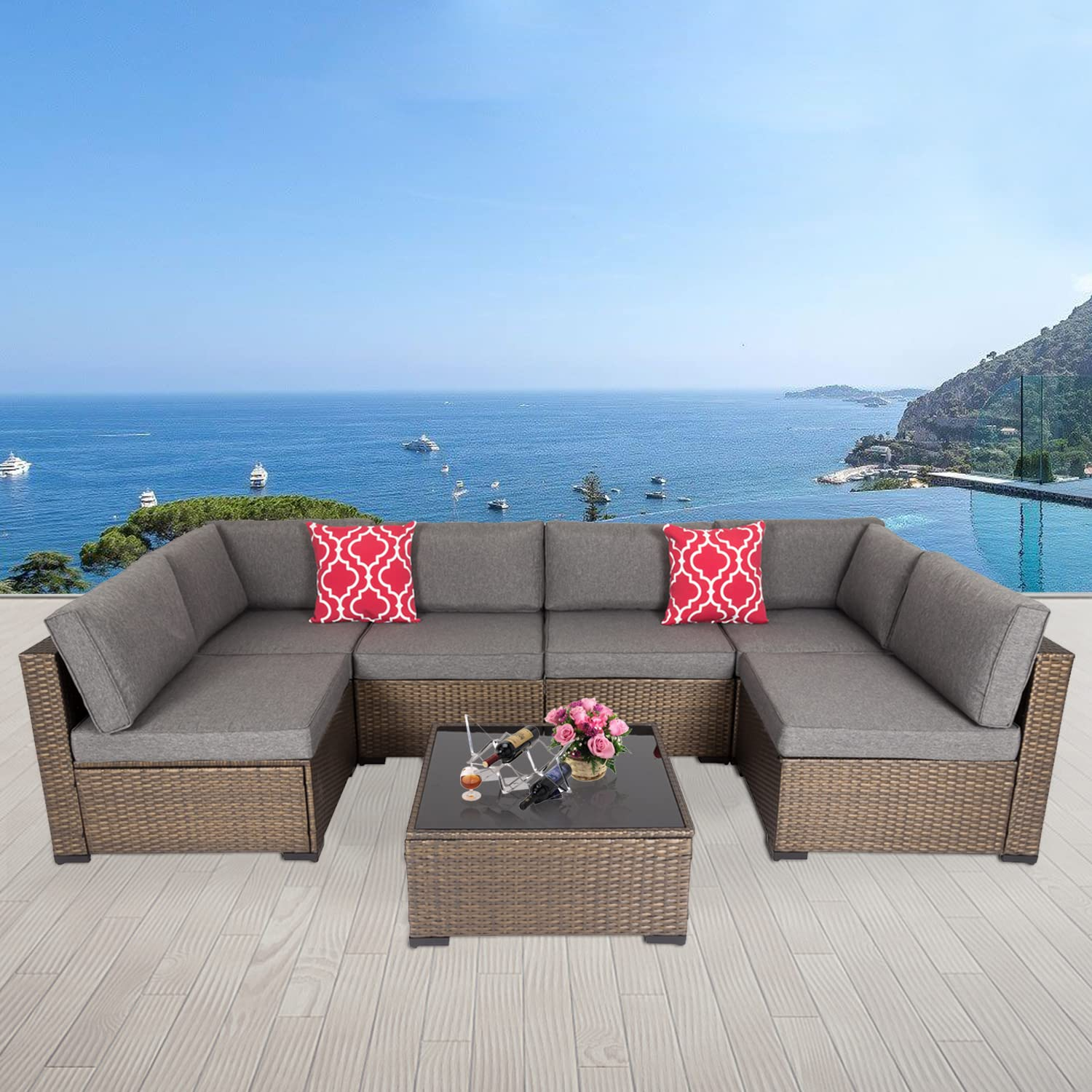 【Furniture】Outdoor Furniture Set, 7 Pcs Sectional Patio Furniture, PE Rattan Coversation Sofa Set