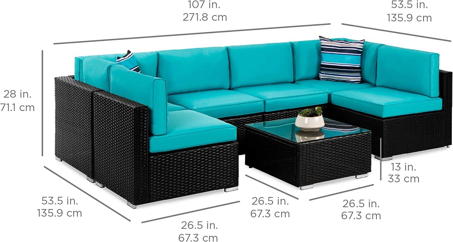Best Choice Products 7-Piece Modular Outdoor Sectional Wicker Patio Furniture Conversation Sofa Set w/ 6 Chairs, 2 Pillows, Seat Clips, Coffee Table, Cover Included - Gray/Navy