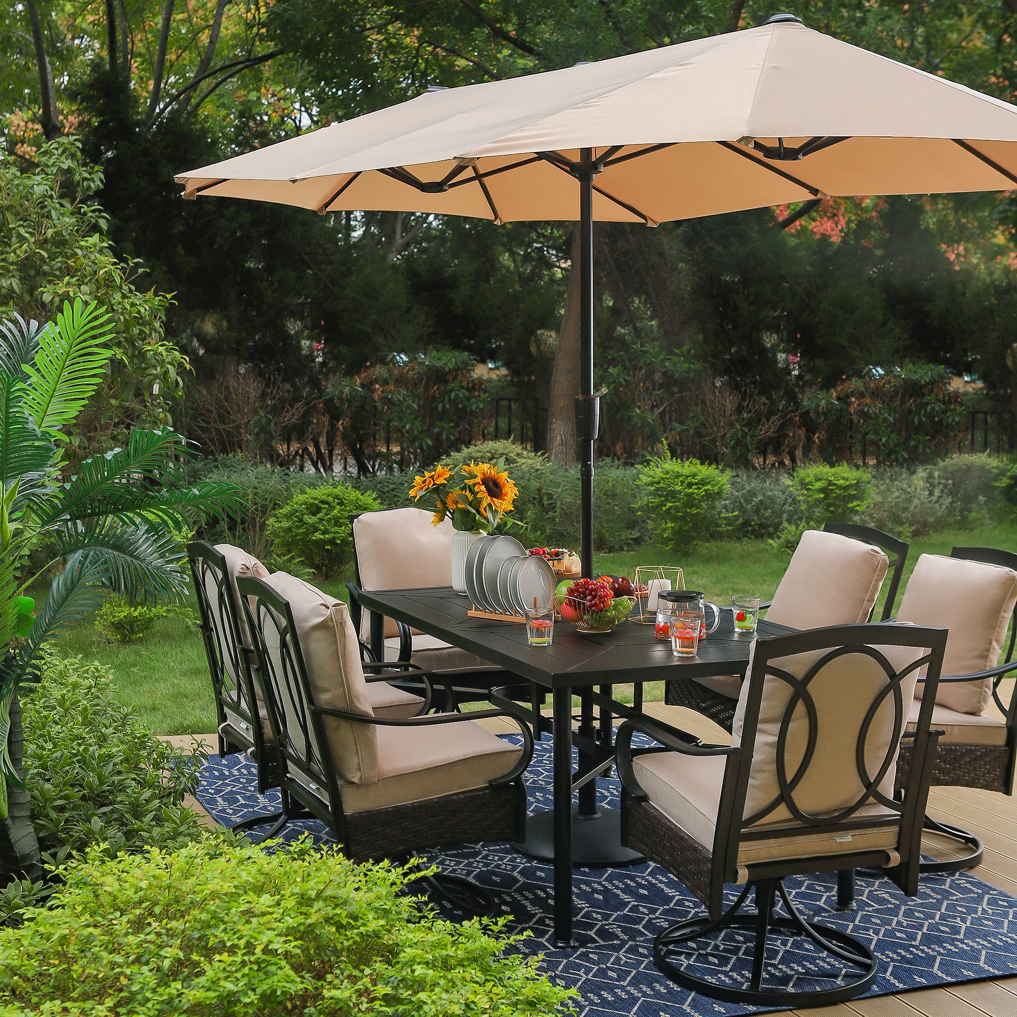【Furniture】Outdoor Patio Dining Table and Chairs Set with Umbrella, Heavy Duty 8 Piece Patio Dining Set