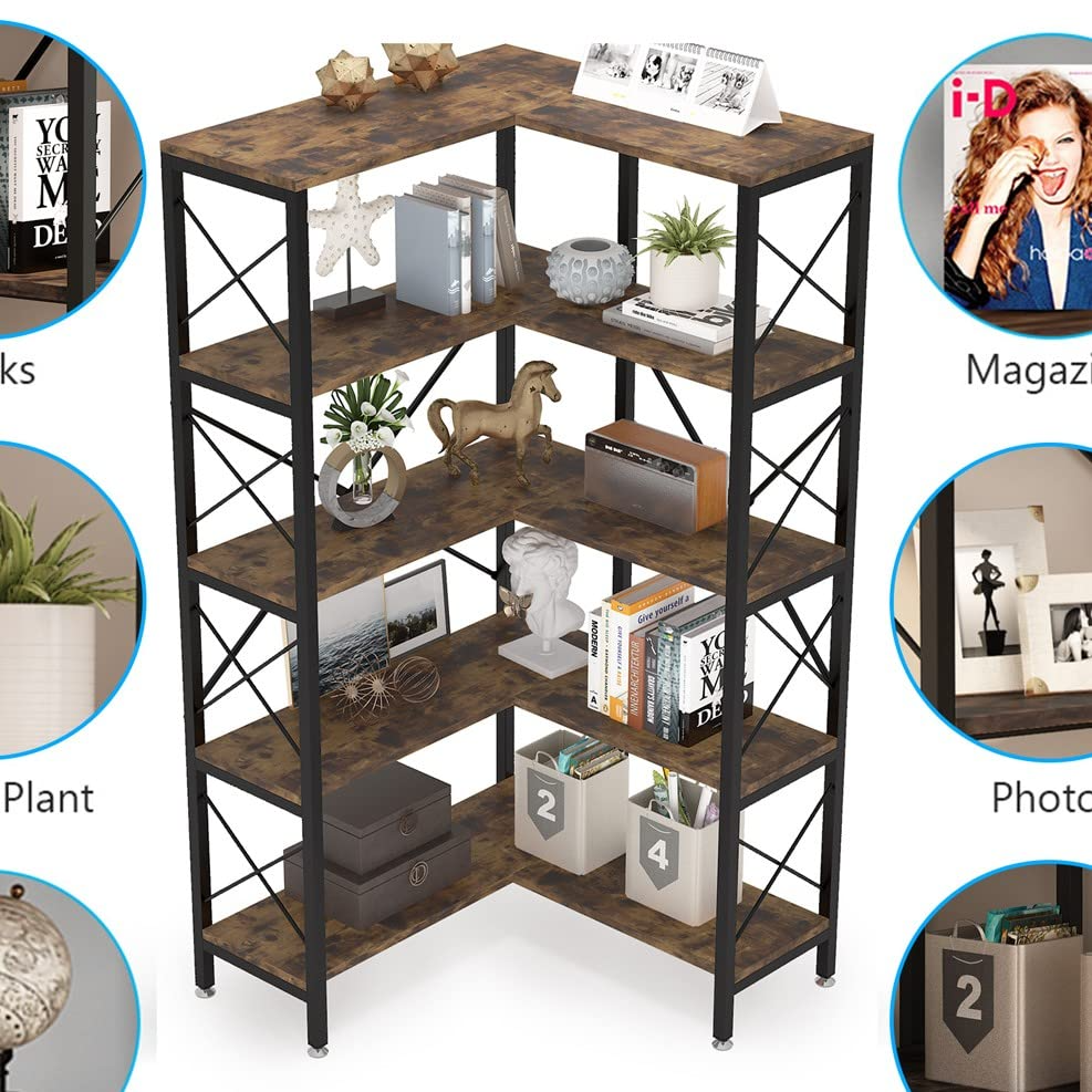 【Furniture】5-Shelf Corner Bookshelf, Large Modern Corner Bookcase, 5-Tier Tall Corner Shelf Storage Display Rack