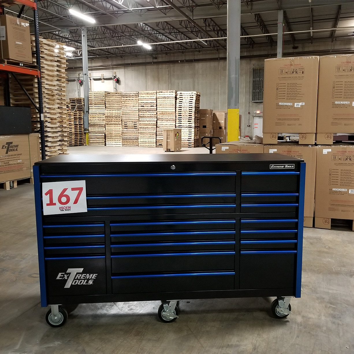 used toolboxShowroom Demo, Extreme Tools RX Series 72 19 Drawers 25 Deep Roller Cabinet, Black-Blue, 150 lbs. Slides