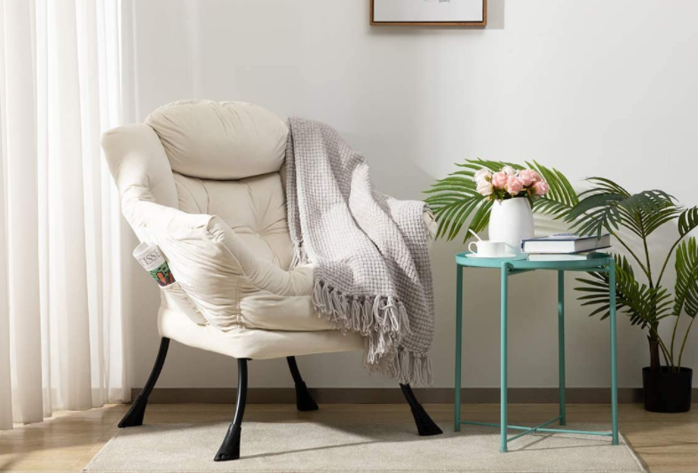 AbocoFur Modern Cotton Fabric Lazy Chair, Accent Contemporary Lounge Chair, Single Steel Frame Leisure Sofa Chair with Armrests and A Side Pocket, Thick Padded Back, Brown