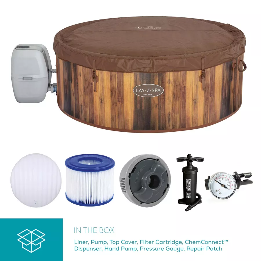 HELSINKI HOT TUB, 180 AIRJET WOOD EFFECT INFLATABLE SPA WITH FREEZE SHIELD YEAR ROUND TECHNOLOGY AND RAPID HEATING, 5-7 PERSON