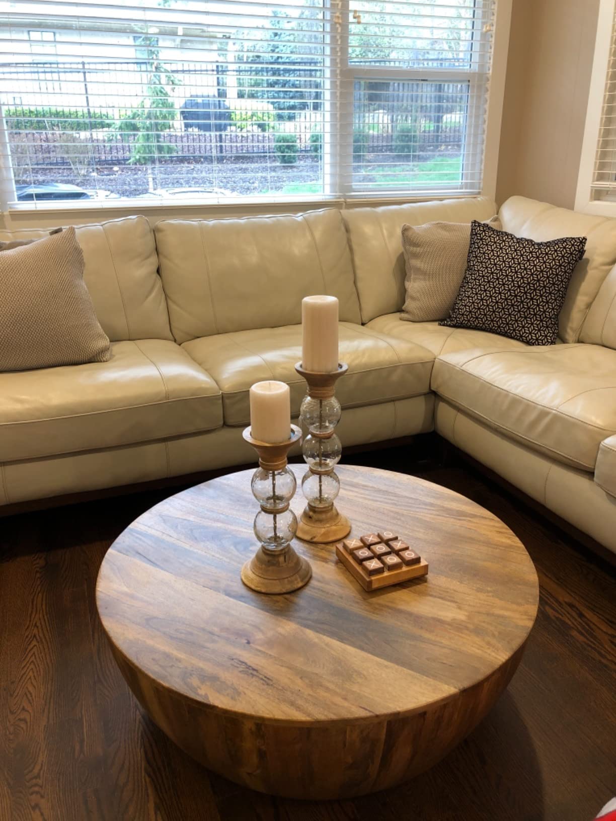 【Furniture】Drum Shape Wooden Coffee Table with Plank Design Base, Brown