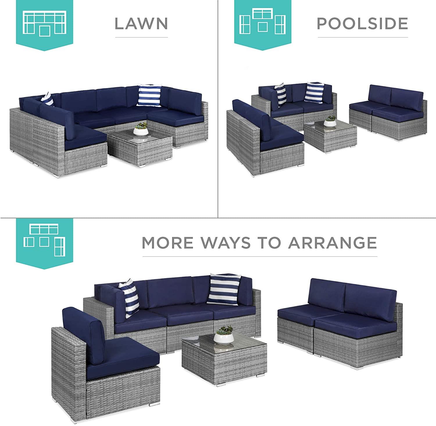 Best Choice Products 7-Piece Modular Outdoor Sectional Wicker Patio Furniture Conversation Sofa Set w/ 6 Chairs, 2 Pillows, Seat Clips, Coffee Table, Cover Included - Gray/Navy