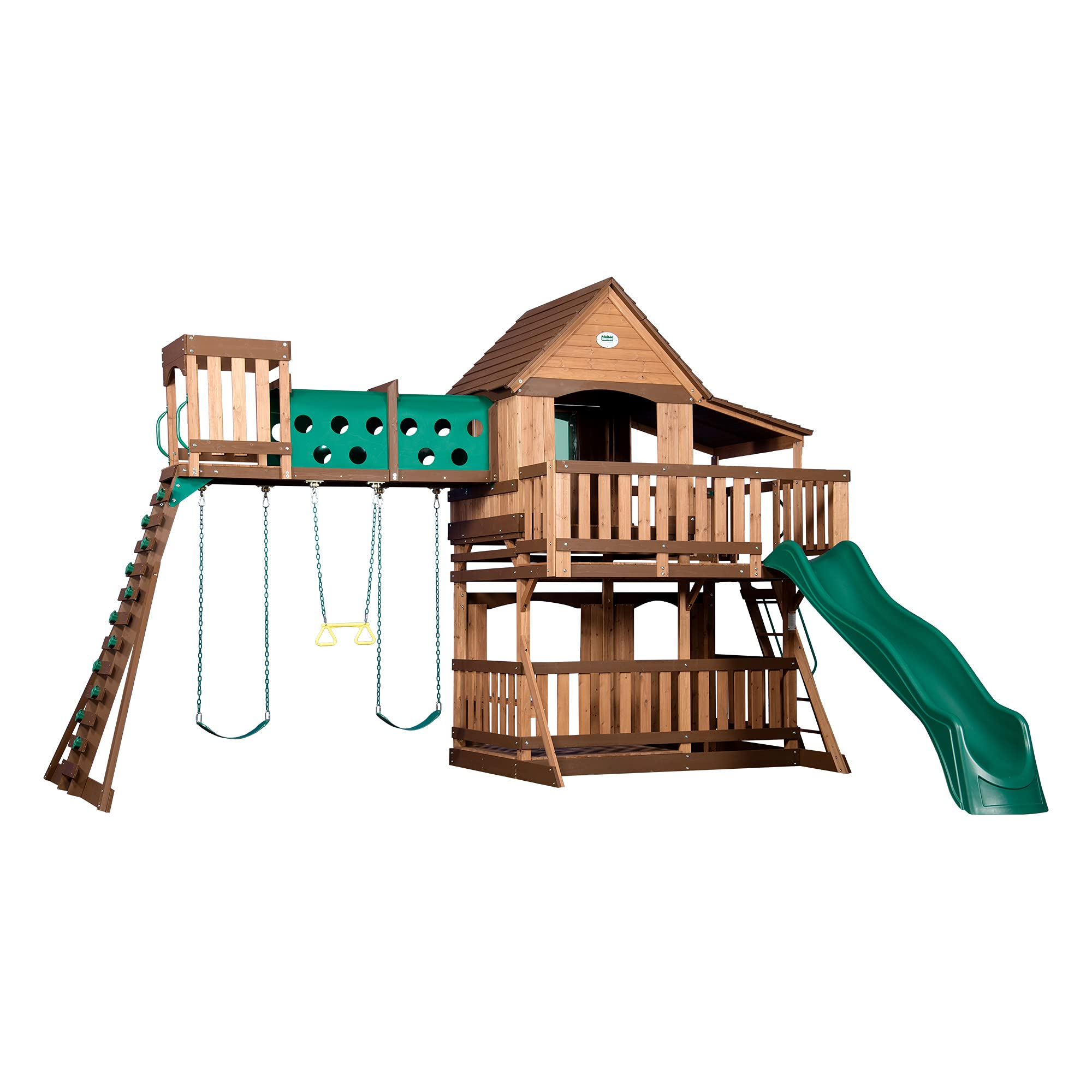Woodridge Elite All Cedar Wood Swing Set, Upper and Lower Deck, Sandbox, Vented Tunnel