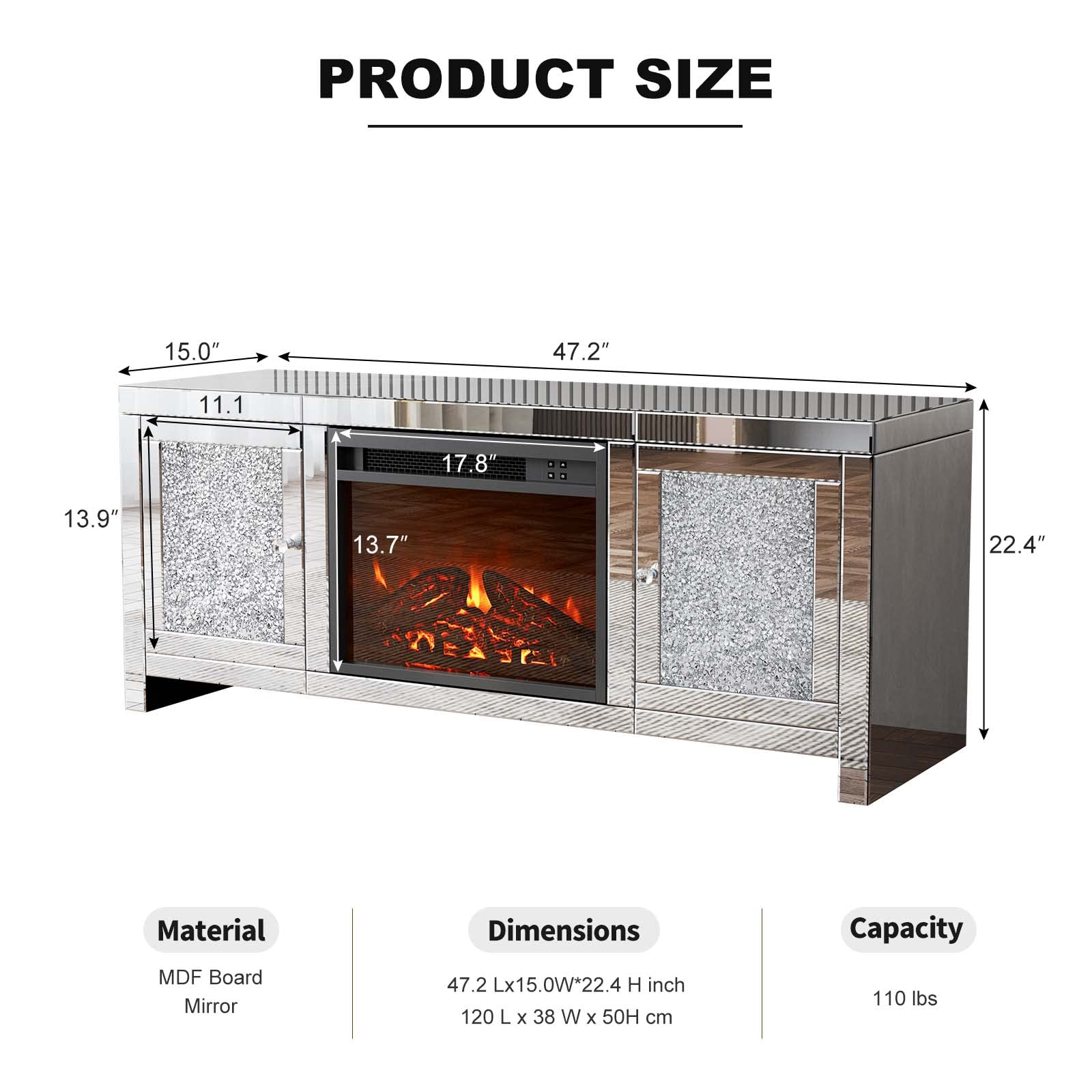 【Furniture】Mirrored Fireplace TV Stand, Mirrored Media Entertainment Center for TV up to 55 inch