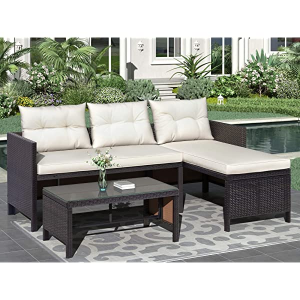 AWQM 5 Pieces Patio Furniture Sets All Weather Outdoor Sectional Sofa Manual Weaving Wicker Rattan Patio Conversation Set with Cushion and Glass Table, Brown 5 Piece Patio Furniture Sets