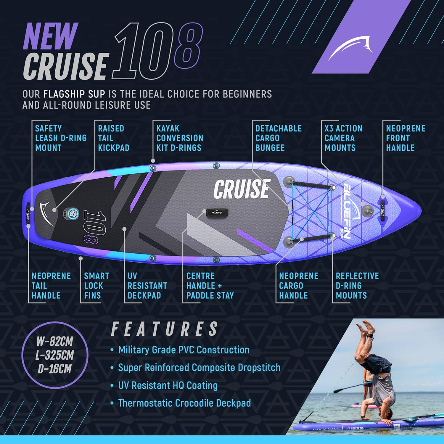 Bluefin Cruise SUP Inflatable Stand Up Paddle Board | Premium Paddleboard Accessories | Multiple sizes: Kids, 9'8, 10'4, 10’8, 12’, 15'