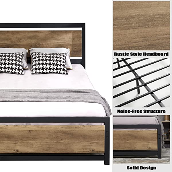 Amerlife Queen Size Bed Frame with Wood Headboard - Metal Platform Bed with Industrial Footboard - Heavy Duty Steel Mattress Foundation/ 4 U-Shaped Support Frames/Rustic Country Style/Easy Assembly Queen Dark Brown