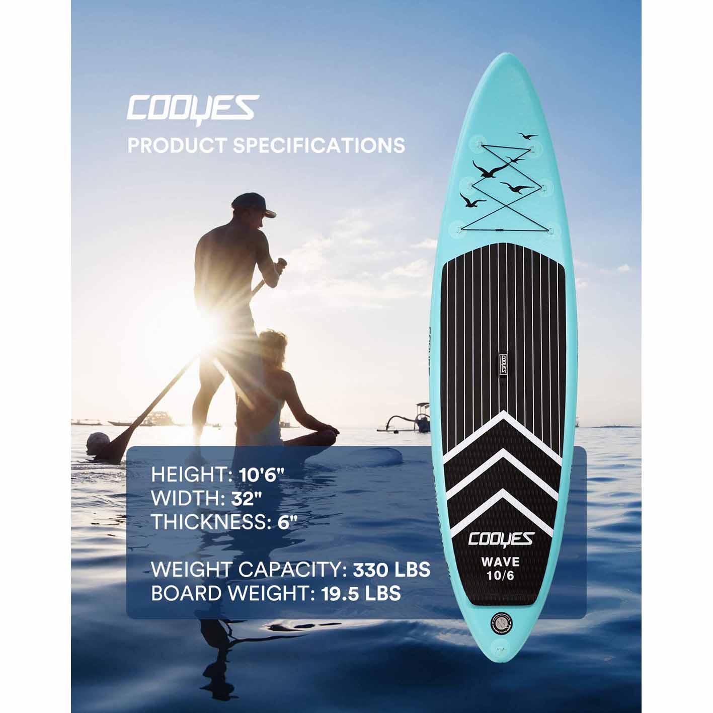 Cooyes Paddle Board, 10ft/10.6ft Inflatable Paddle Board, Stand up Paddle Board with Premium SUP Accessories & Backpack, Emergency Repair Kit, Non-Slip Deck & More - Extra-Light ISUP