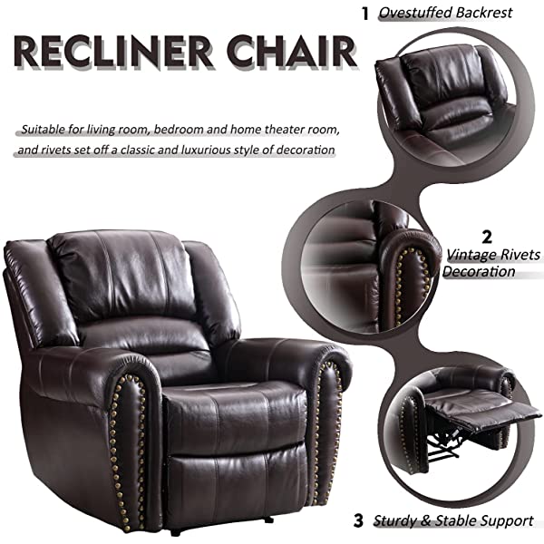 CANMOV Leather Recliner Chair, Classic and Traditional Manual Recliner Chair with Comfortable Arms and Back Single Sofa for Living Room, Nut Brown