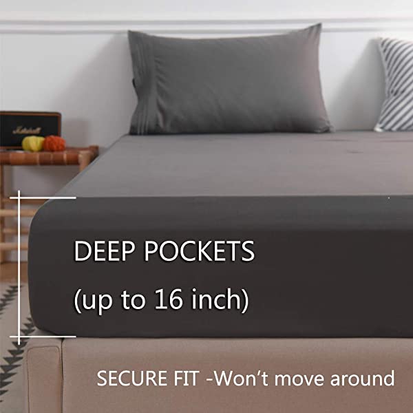 LBRO2M Bed Sheet Set Queen Size 16 Inches Deep Pocket 1800 Thread Count 100% Microfiber Sheet,Bedding Super Soft Comfortable, Cool Warm,4 Piece(Dark Grey) Dark Grey Queen