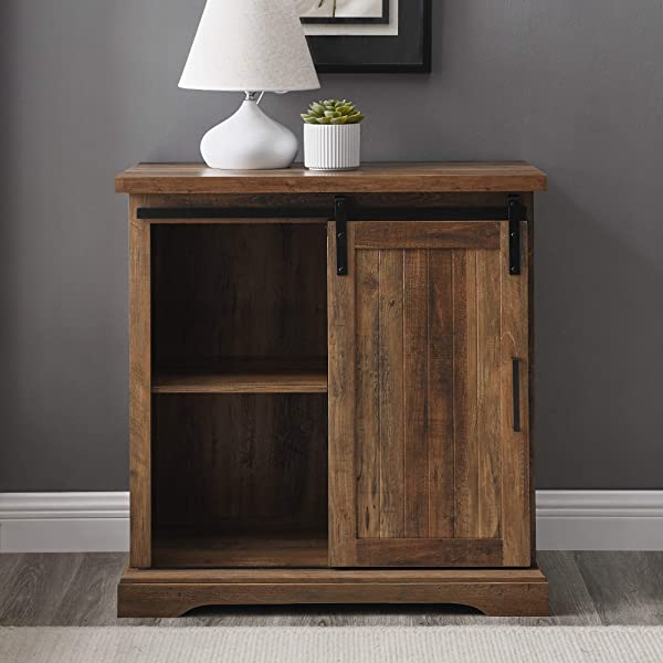 Walker Edison Beaumont Modern Farmhouse Sliding Slat Door Storage Cabinet, 32 Inch, Rustic Oak Rustic Oak Groove Door Cabinet