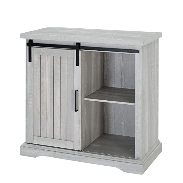 Walker Edison Beaumont Modern Farmhouse Sliding Slat Door Storage Cabinet, 32 Inch, Rustic Oak Rustic Oak Groove Door Cabinet