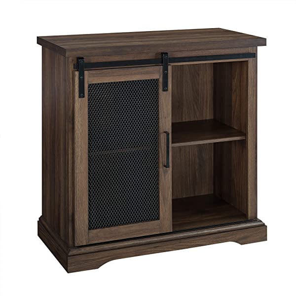Walker Edison Beaumont Modern Farmhouse Sliding Slat Door Storage Cabinet, 32 Inch, Rustic Oak Rustic Oak Groove Door Cabinet