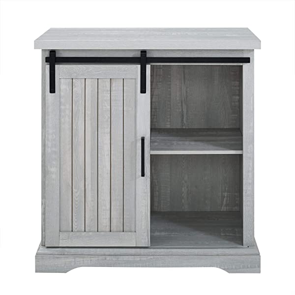 Walker Edison Beaumont Modern Farmhouse Sliding Slat Door Storage Cabinet, 32 Inch, Rustic Oak Rustic Oak Groove Door Cabinet
