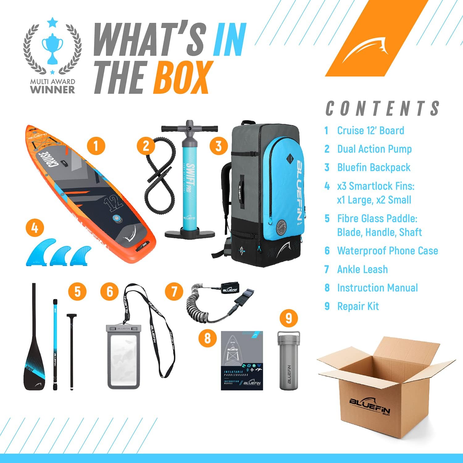 Bluefin Cruise SUP Inflatable Stand Up Paddle Board | Premium Paddleboard Accessories | Multiple sizes: Kids, 9'8, 10'4, 10’8, 12’, 15'