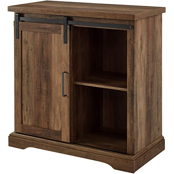 Walker Edison Beaumont Modern Farmhouse Sliding Slat Door Storage Cabinet, 32 Inch, Rustic Oak Rustic Oak Groove Door Cabinet
