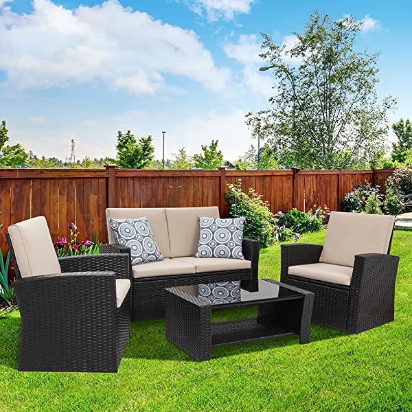 Shintenchi 4-Piece Outdoor Patio Furniture Set, Wicker Rattan Sectional Sofa Couch with Glass Coffee Table | Black