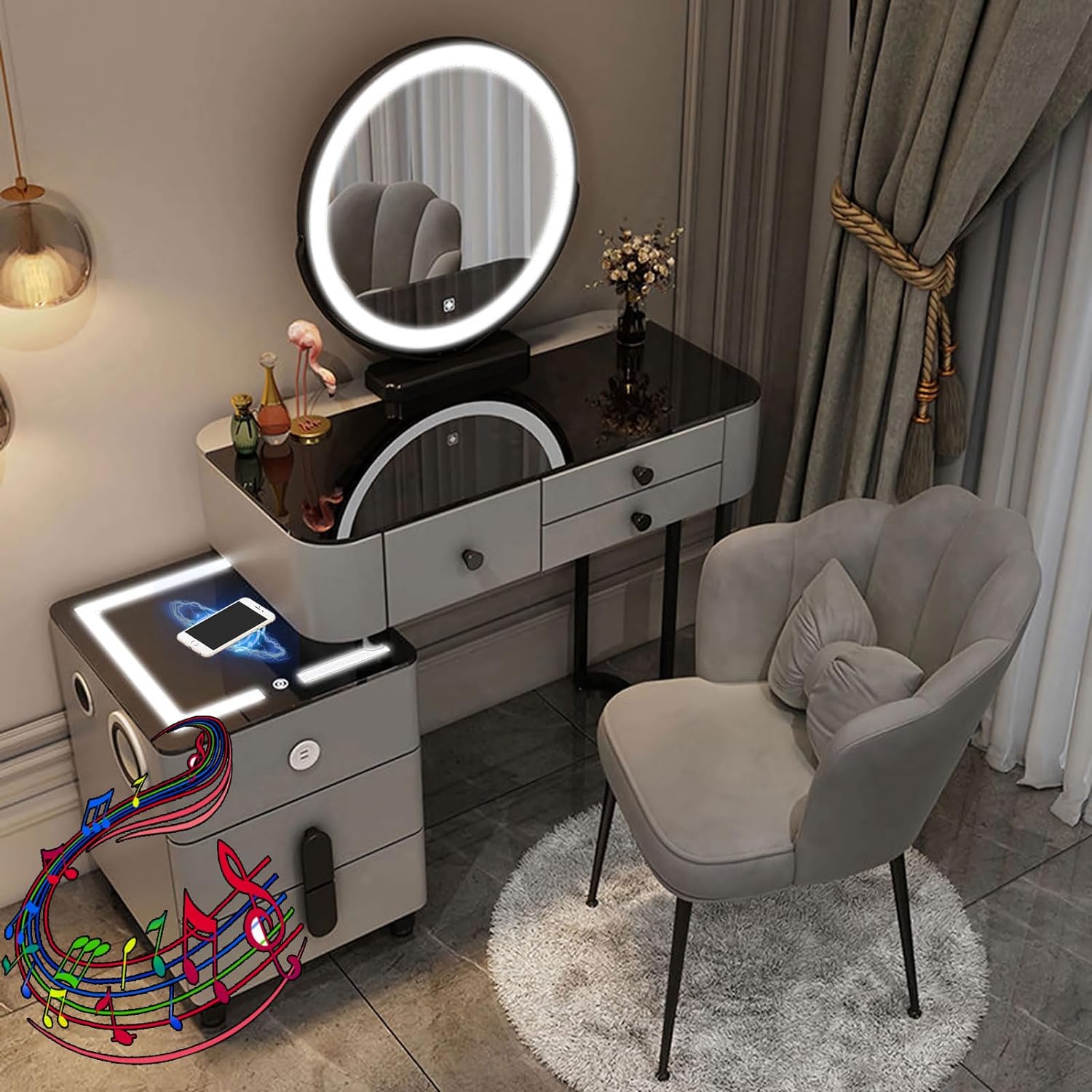 GOOCOO Dressing Table - Makeup Vanity Desk with Wireless Charging Station and Bluetooth Speaker - Vanity Set Contains Makeup Mirror, 5 Drawers and Makeup Stool for Bedroom