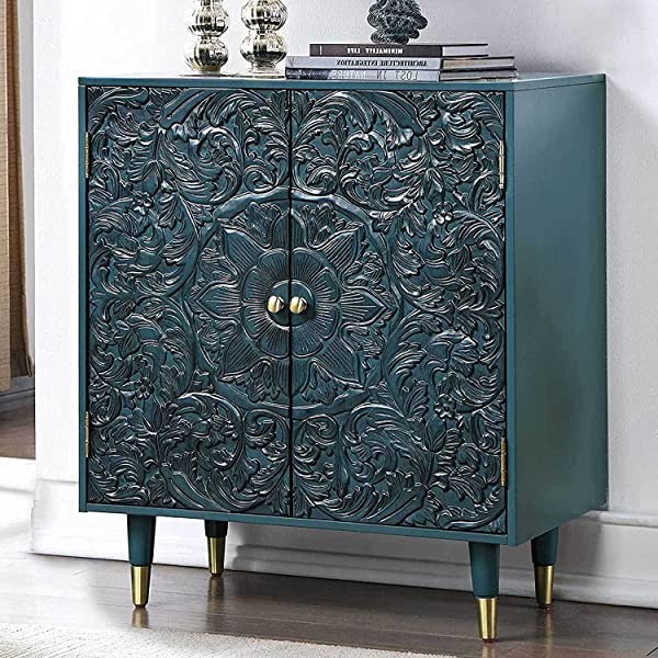 LALUZ Carved Accent Storage Cabinet Floor Cabinet for Bedroom Living Room, Oak Finish 30 Inch 30