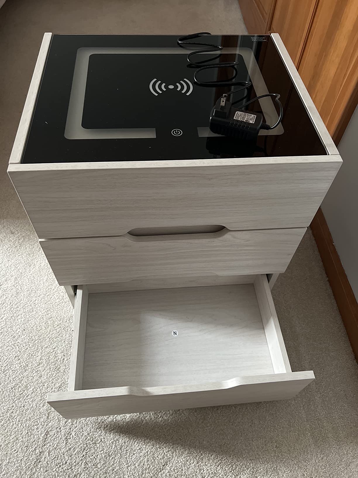 【Furniture】Nightstands Wireless Charging Station and LED Lights, Modern End Side Table with 3 Drawer