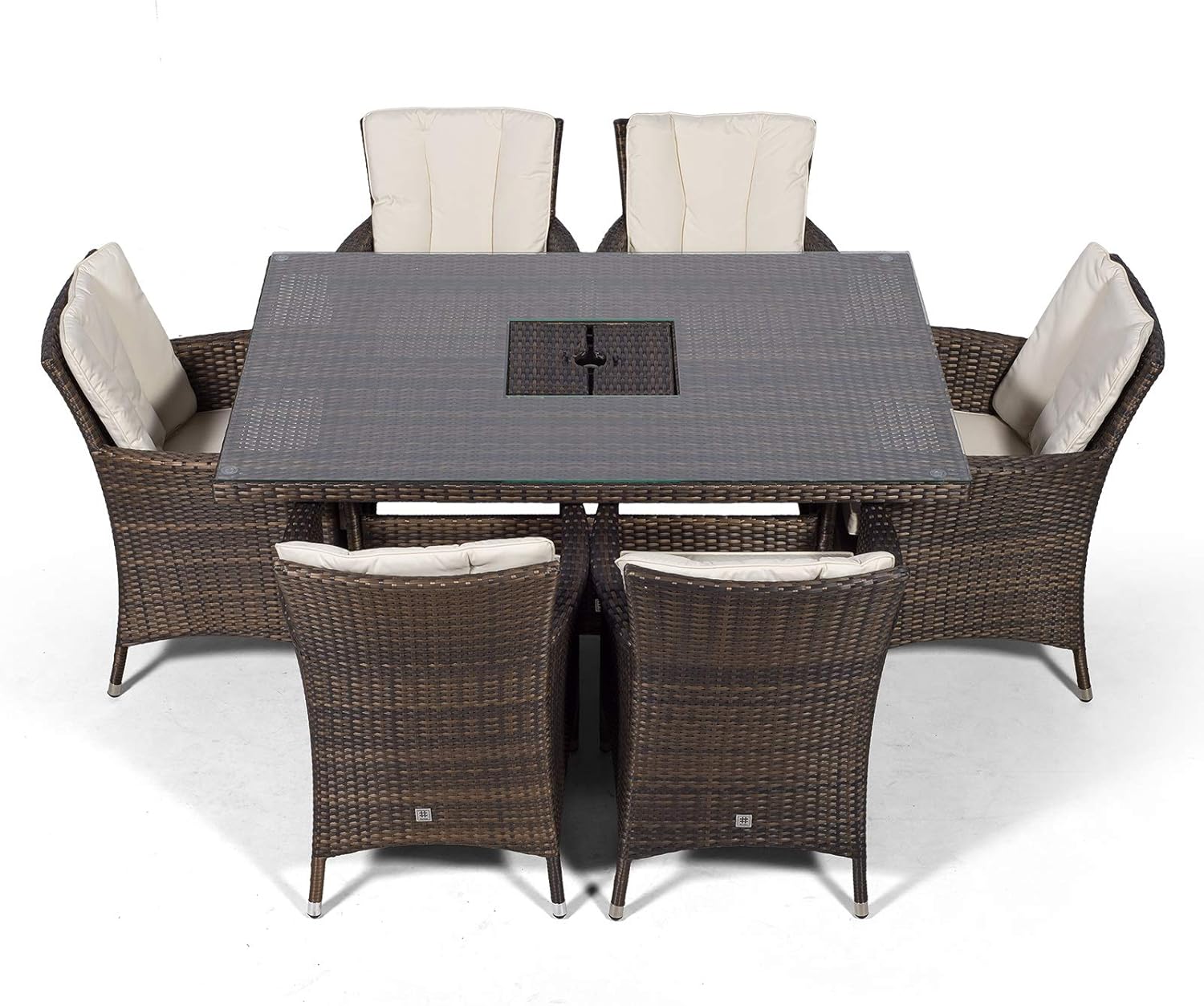 Savannah Rattan Dining Set | Rectangle 6 Seater Brown Rattan Table & Chairs Set with Ice Bucket Drinks Cooler | Outdoor Poly Rattan Garden Dining Furniture Set with Parasol & Cover