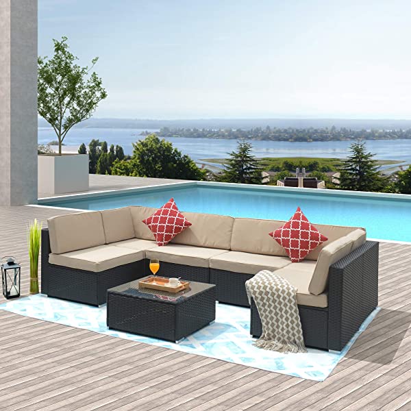AWQM 5 Pieces Patio Furniture Sets All Weather Outdoor Sectional Sofa Manual Weaving Wicker Rattan Patio Conversation Set with Cushion and Glass Table, Brown 5 Piece Patio Furniture Sets