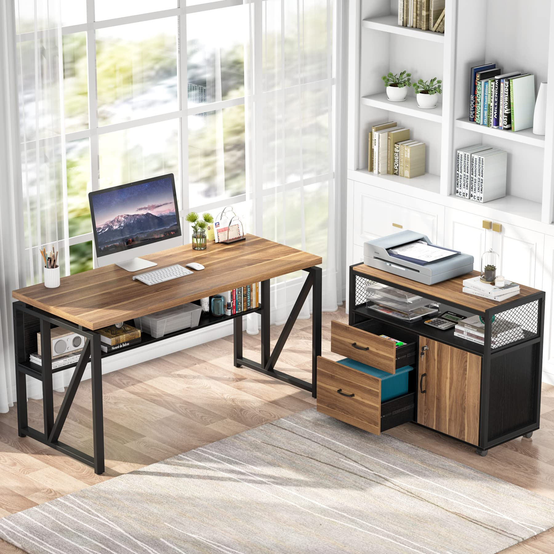 【Furniture】L Shaped Desk with Drawer Cabinet, 55