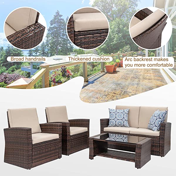 Shintenchi 4-Piece Outdoor Patio Furniture Set, Wicker Rattan Sectional Sofa Couch with Glass Coffee Table | Black