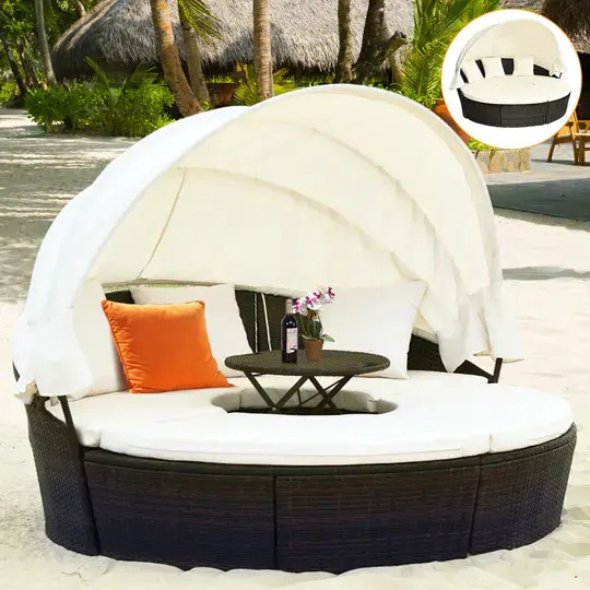 【Furniture】Costway Patio Rattan Daybed, Upholstered Sofa, Adjustable Canopy Table Top, 3 Cushions
