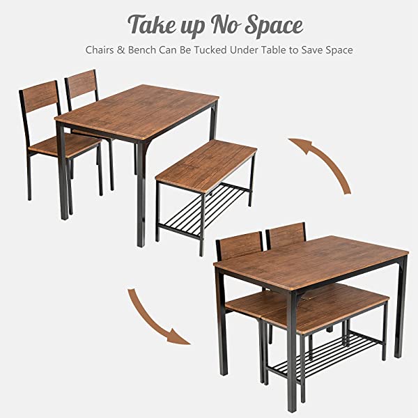 Giantex Dining Table Set for 4, Kitchen Table with Bench and Chairs, Industrial Gathering Bench Dining Set W/Metal Frame & Storage Rack, Dinette Set, Modern Functional Desk Set (Black Oak)