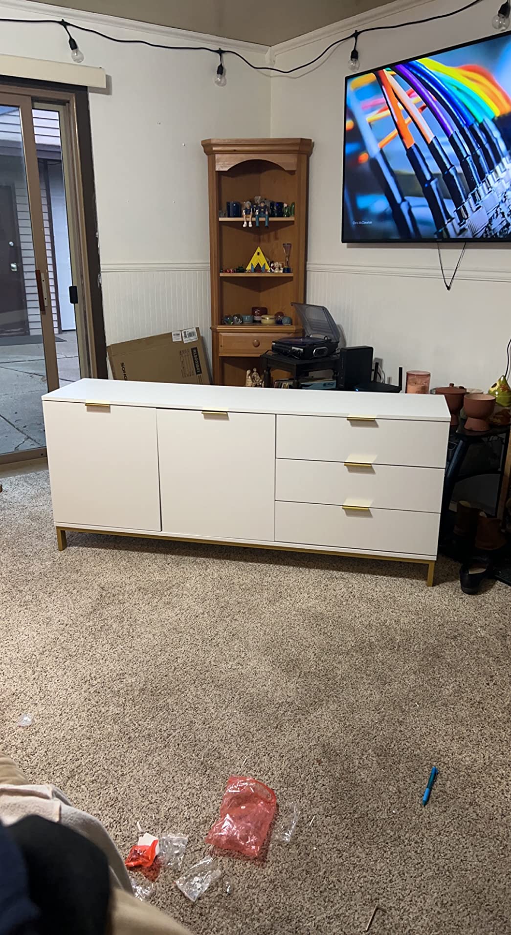 【Furniture】Buffet Sideboard with 3 Drawers & 2 Doors Storage, Buffet Cabinet Sideboard Credenza Coffee Bar Cabinet