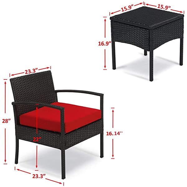 PROHIKER 3 PCS Patio Rattan Conversation Chair Set, 3 PCS Patio Wicker Rattan Furniture Set, Patio Wicker Rattan Table Brown