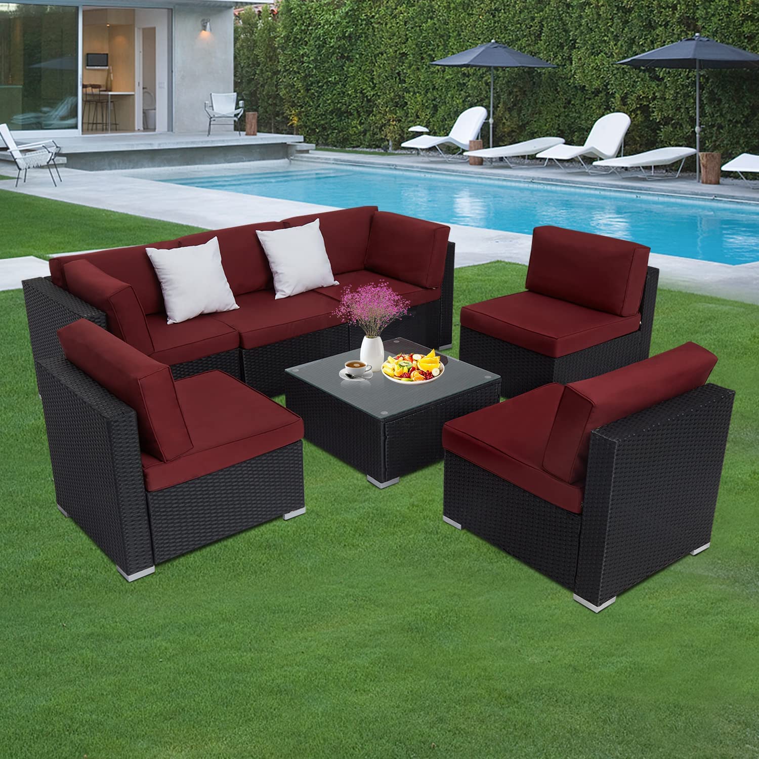 【Furniture】Outdoor Furniture Set, 7 Pcs Sectional Patio Furniture, PE Rattan Coversation Sofa Set