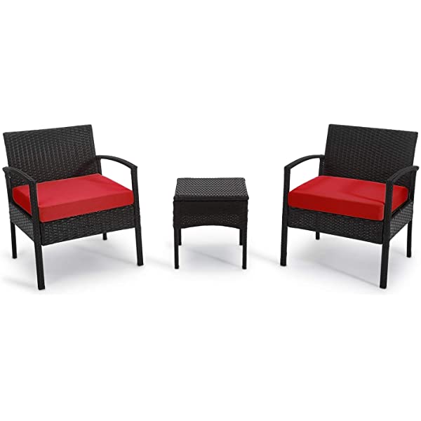 PROHIKER 3 PCS Patio Rattan Conversation Chair Set, 3 PCS Patio Wicker Rattan Furniture Set, Patio Wicker Rattan Table Brown