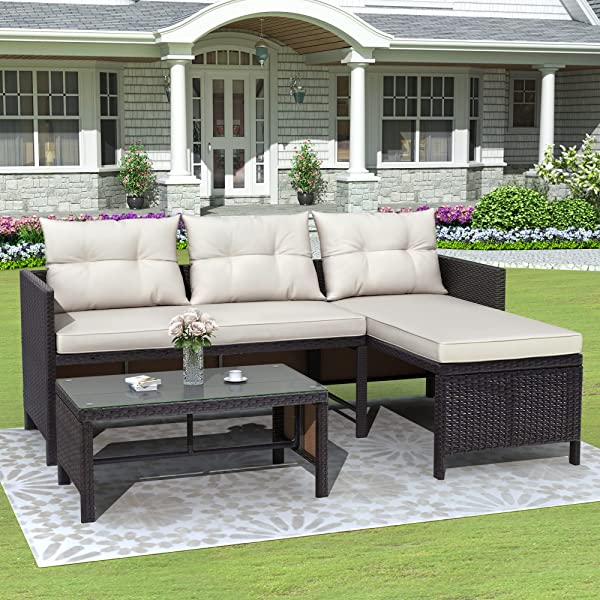 AWQM 5 Pieces Patio Furniture Sets All Weather Outdoor Sectional Sofa Manual Weaving Wicker Rattan Patio Conversation Set with Cushion and Glass Table, Brown 5 Piece Patio Furniture Sets