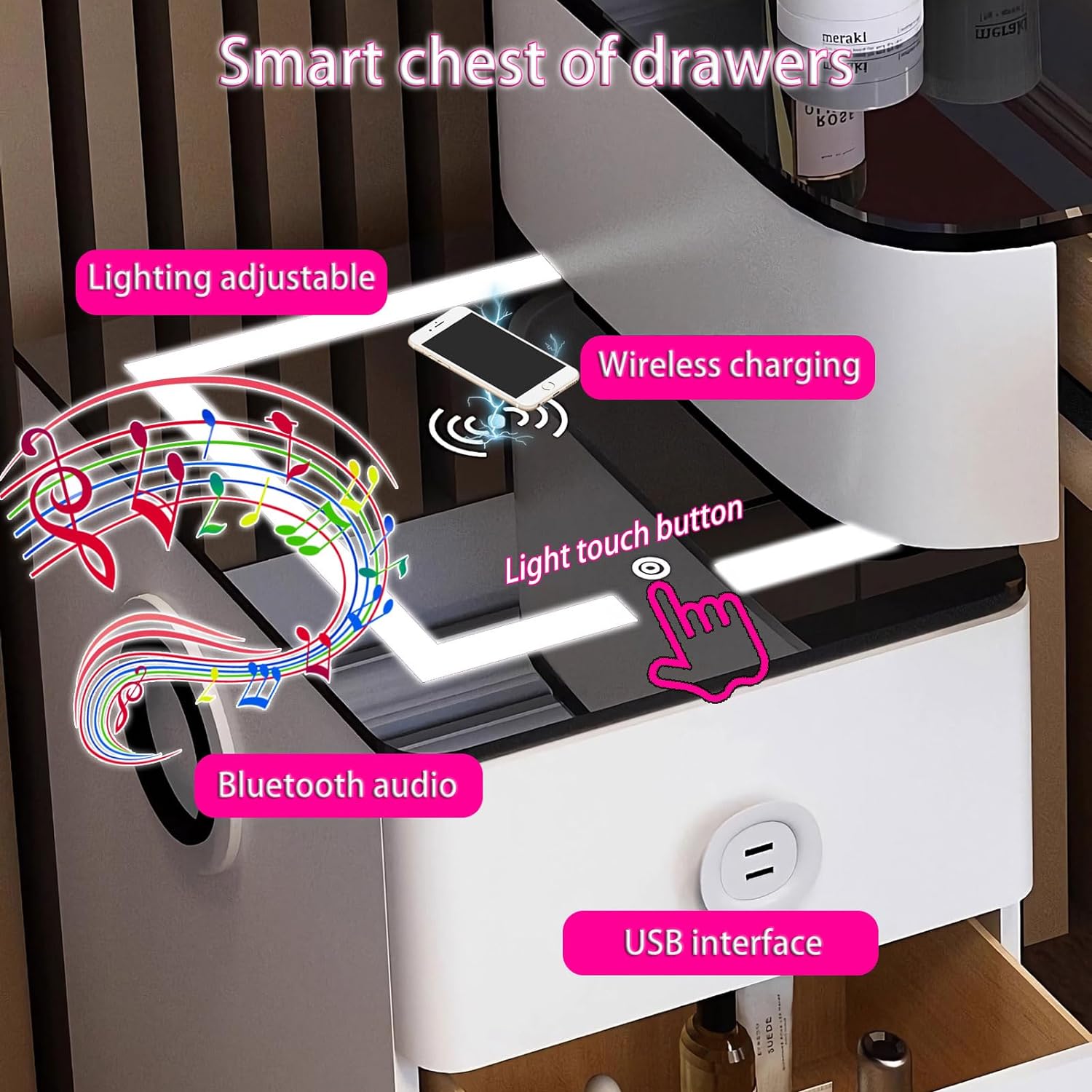 GOOCOO Dressing Table - Makeup Vanity Desk with Wireless Charging Station and Bluetooth Speaker - Vanity Set Contains Makeup Mirror, 5 Drawers and Makeup Stool for Bedroom