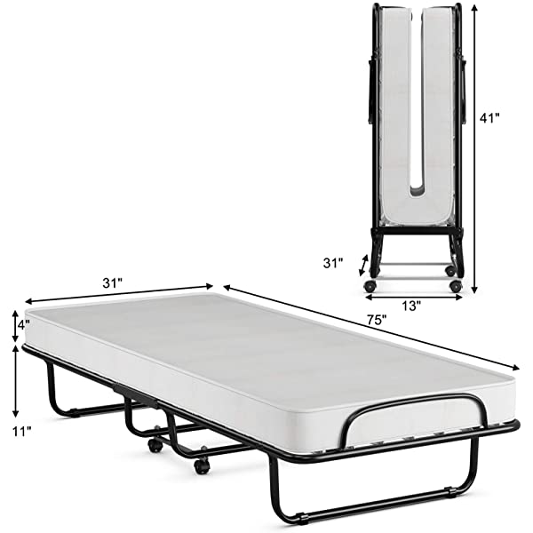 Giantex Rollaway Folding Bed with 4 Inch Mattress, Portable Foldable Guest Bed for Adults, Sturdy Metal Frame, Memory Foam Mattress, Folding Bed Cot Size (Beige & Black) Wood