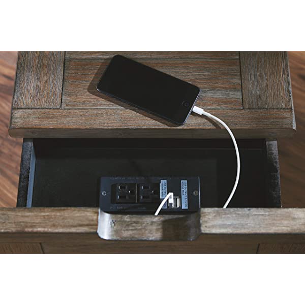 Signature Design by Ashley Tyler Creek Rustic Chair Side End Table with Pull-Out Tray & USB Ports, Brown Blackish Brown Table