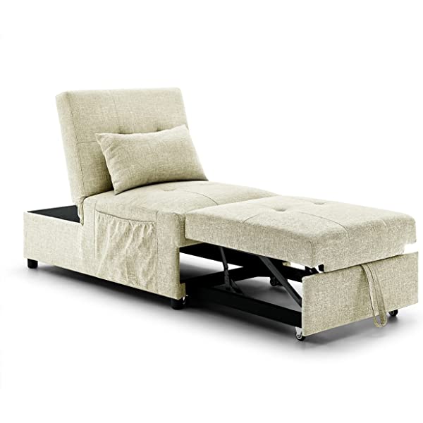 4-in-1 Sleeper Sofa Bed, HABITRIO Solid Wood Frame Polyester Upholstered Seating Couch w/A Pillow, Work As Ottoman, Single Chair, Sofabed and Chaise Lounge, Fit for Living Room, Bedroom (Grey)