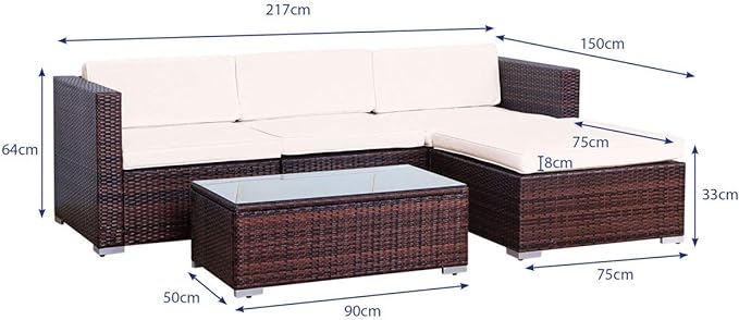 EVRE California Brown Outdoor Rattan Garden Furniture Conversation Set with Handwoven PE Wicker Sectional Sofa Glass Top Table Cushions for Patio Deck Conservatory