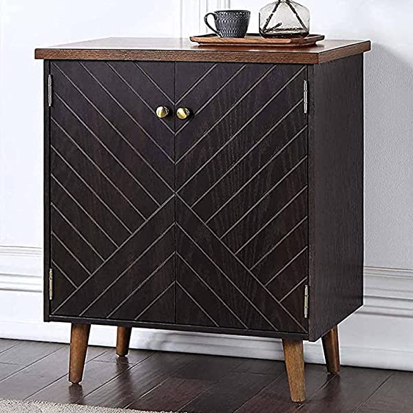 LALUZ Carved Accent Storage Cabinet Floor Cabinet for Bedroom Living Room, Oak Finish 30 Inch 30
