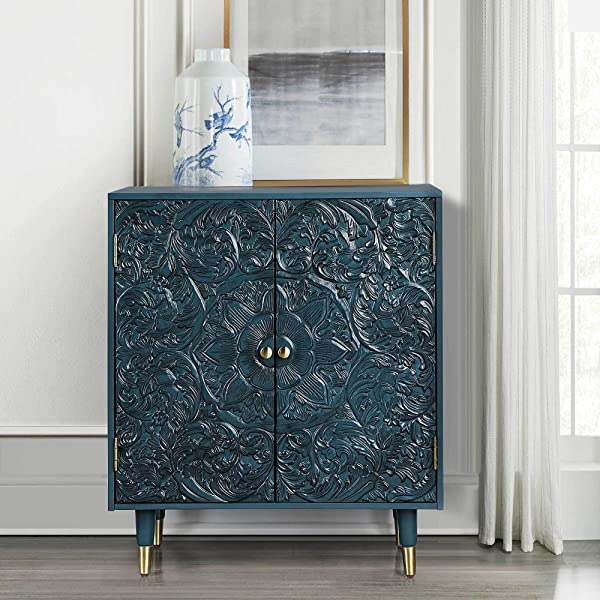LALUZ Carved Accent Storage Cabinet Floor Cabinet for Bedroom Living Room, Oak Finish 30 Inch 30