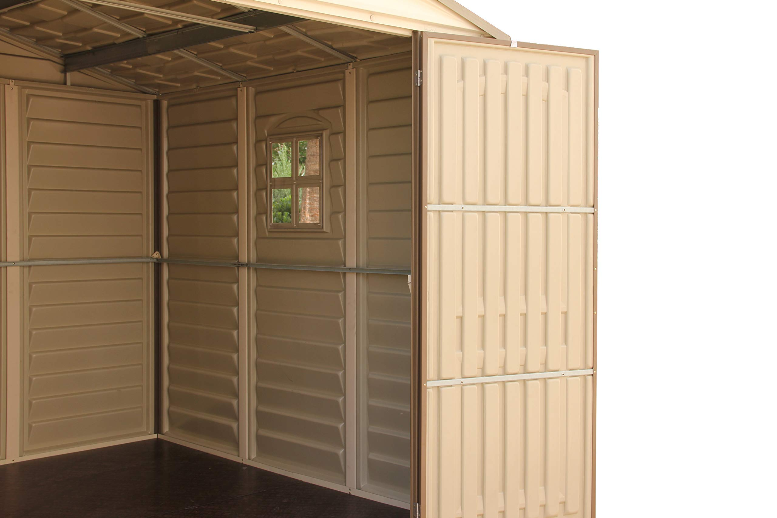 Duramax WoodSide 10 x 8 (8.02 m2) Plastic Garden Shed with 3 Fixed Windows & Metal Foundation Kit, Strong Metal Roof Structure Fire Retardant and Maintenance-Free Storage Shed
