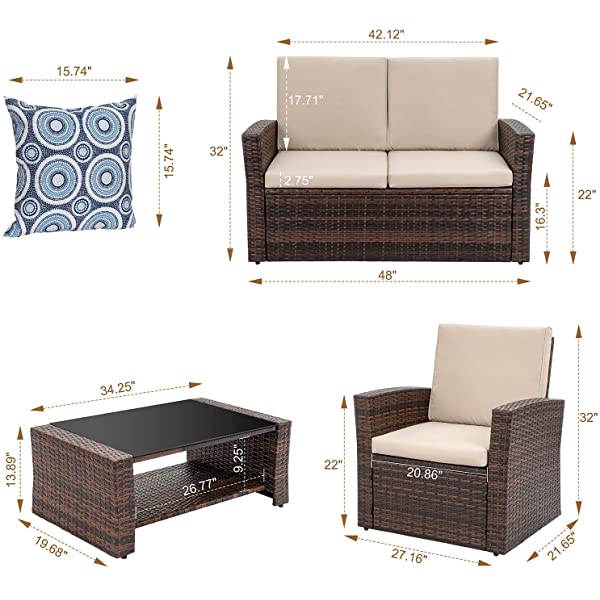 Shintenchi 4-Piece Outdoor Patio Furniture Set, Wicker Rattan Sectional Sofa Couch with Glass Coffee Table | Black