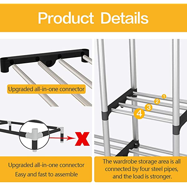 UDEAR Portable Canvas Wardrobes Closet Clothes Storage Shelves Storage 25mm White