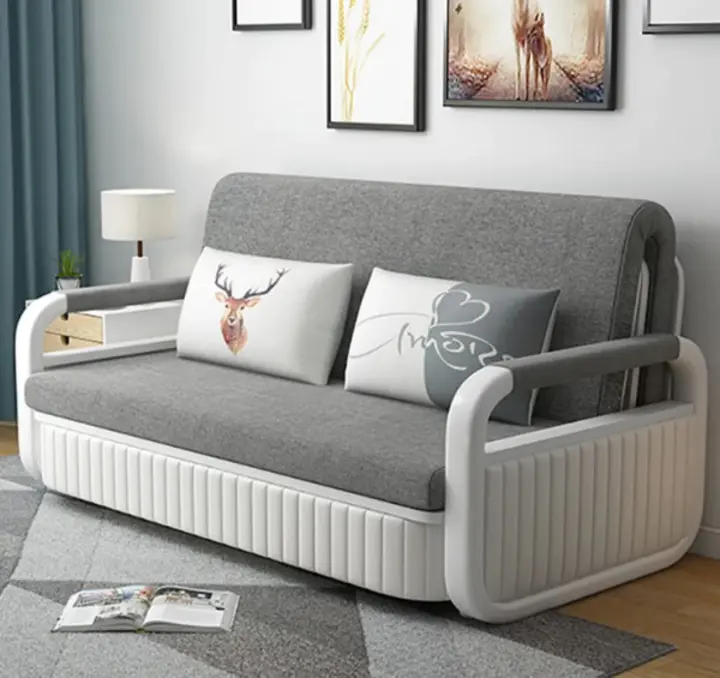 【Furniture】Cotton and linen upholstered sofa bed with storage