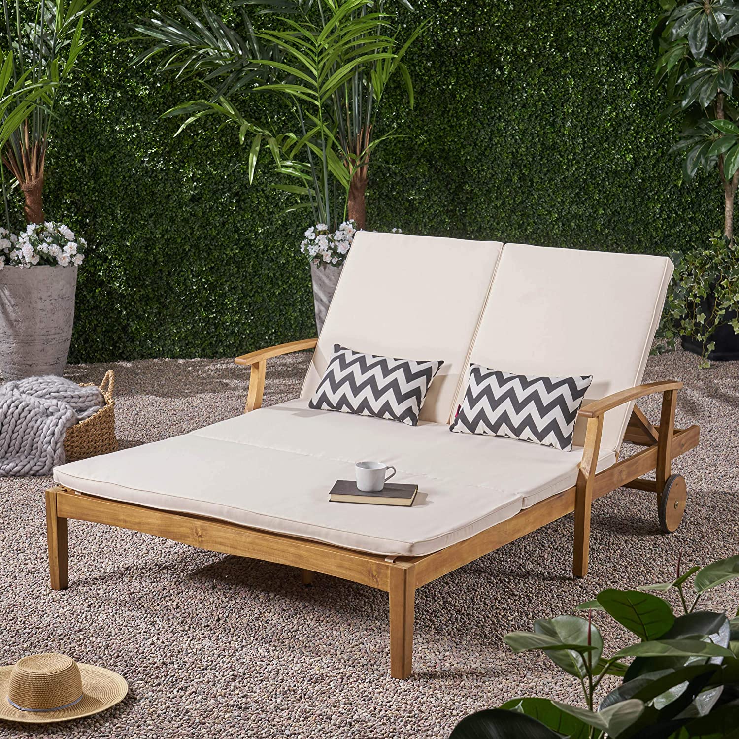 【Home&Garden】Samantha Double Chaise Lounge for Yard & Patio, Acacia Wood Frame, Teak Finish with Cushions